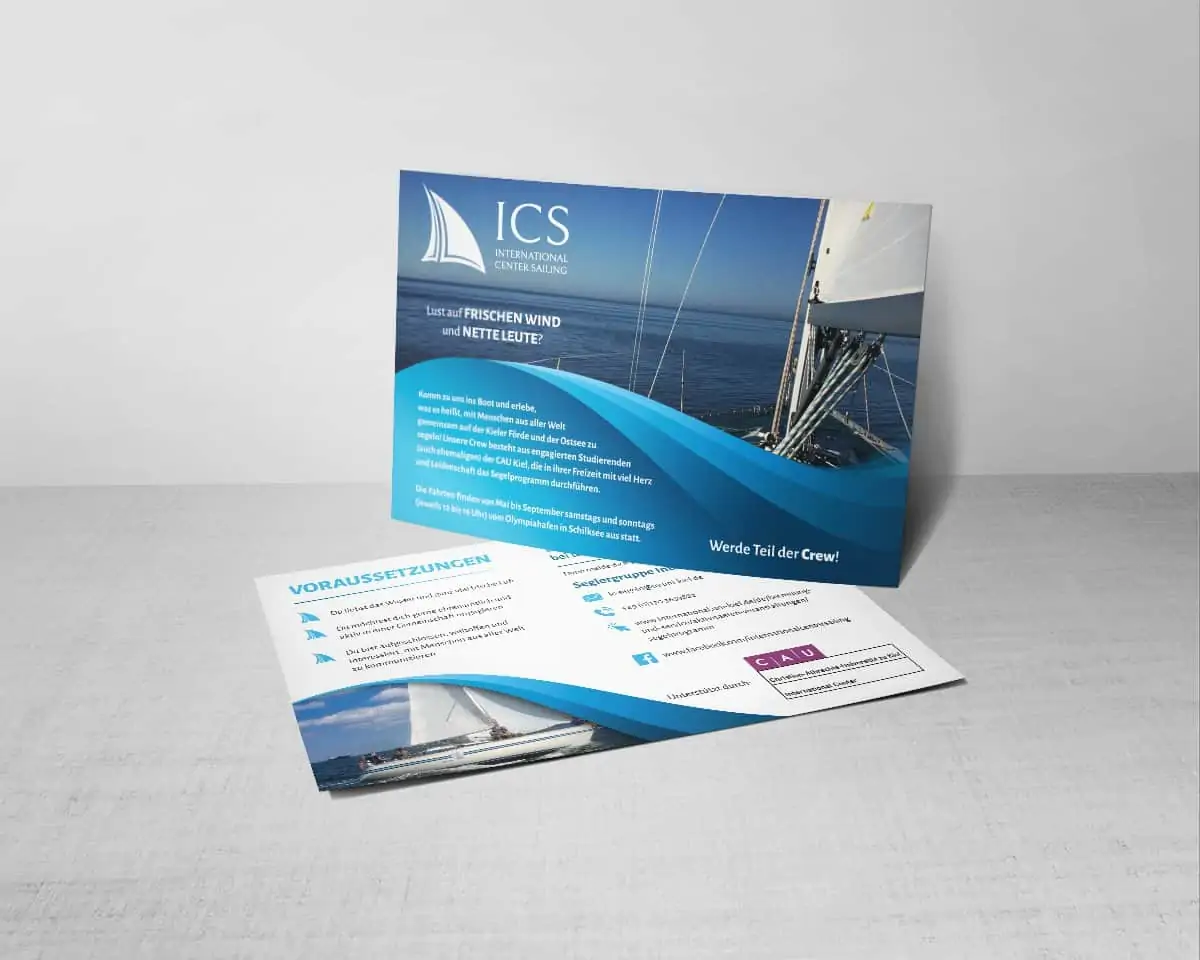 Postkarten Design, Postkartengestaltung, Werbekampagne, Grafikdesign, Printdesign, Plakat erstellen lassen, IC CAU Kiel, Seglergruppe IC, Designer, Grafikerdesigner Andrea Baitz aus Eckernförde, Raum Rendsburg, Kiel, Schleswig-Holstein