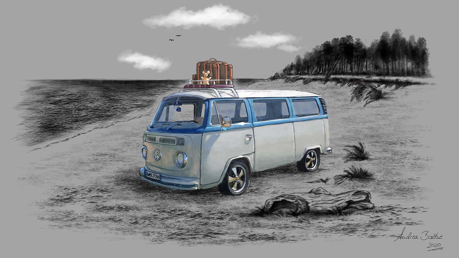 Tattoo VW Bulli, Illustration, Digital Painting, Tattoo Motiv, Strand, Ostsee